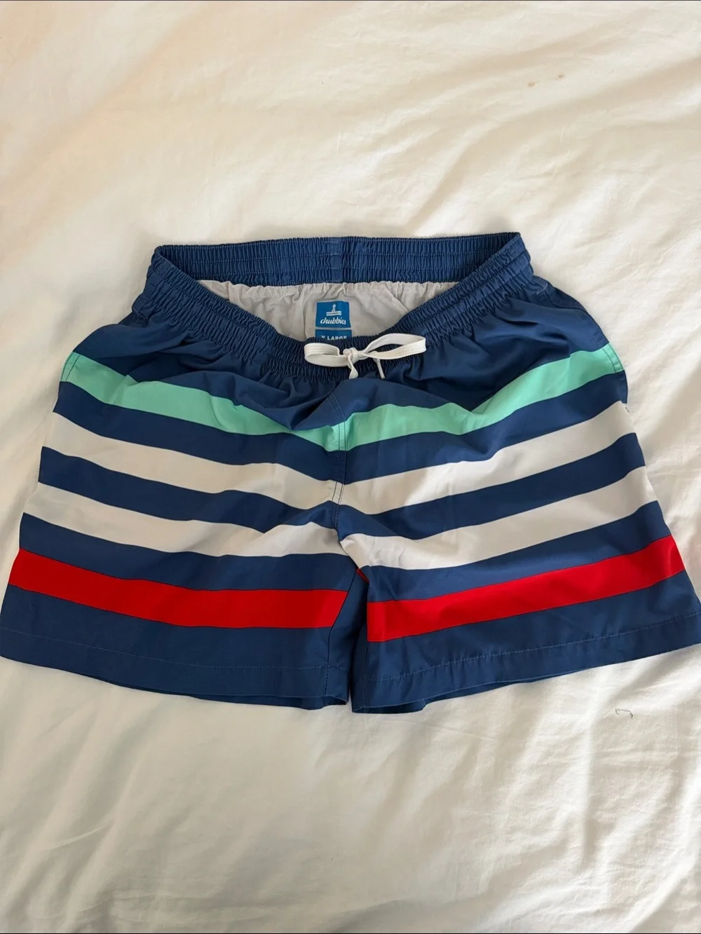 chubbies Navy Swim Trunks with White, Red, and Mint Stripes